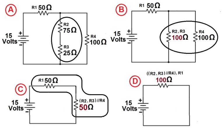 Series, Parallel, and Series/Parallel circuit resistance configuration Circuit Diagram